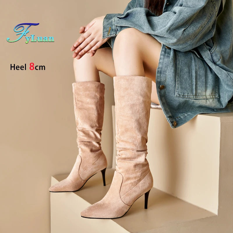 Street Style Pointy Toe Long Boots Women Stiletto Heels 8CM High Heel Winter Sexy Woman Shoes Female Suede High Boots Size 35-46