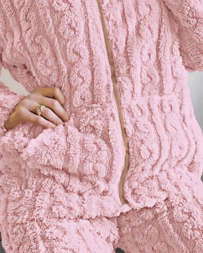 Autumn and Winter Fashion Two Piece Set 2Pcs Jacquard Textured Stand Collar Zip Up Fuzzy Teddy Top & Pants Set for Women