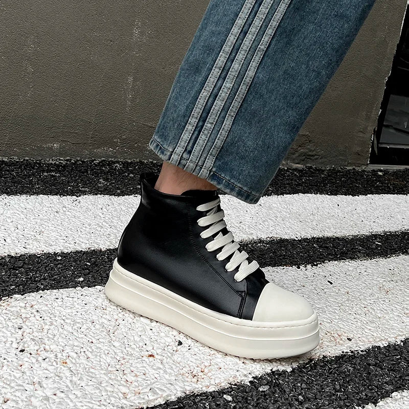 Street Style Ankle Boots for Men Genuine Leather High Top Shoes Fashion Brand Motorcycle Boots Thick Bottom  Male Walking Shoes