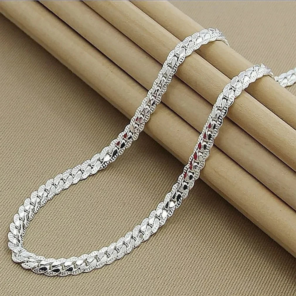 925 Sterling Silver 2 Piece Full Side Chain Necklace Bracelet Women Men Fashion Jewelry Set Wedding Gift