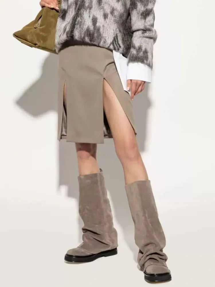 Women's New Autumn and Winter Calf Boots with Pleated Thick High Heels and Fashionable Oversized Street Leather Mid Leg Boots