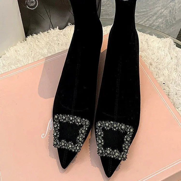 Ankle Boots Women Boots Women Shoes Woman Fashion High-heeled Pointed Flock Boots Spring Autumn Rhinestone Short Boots