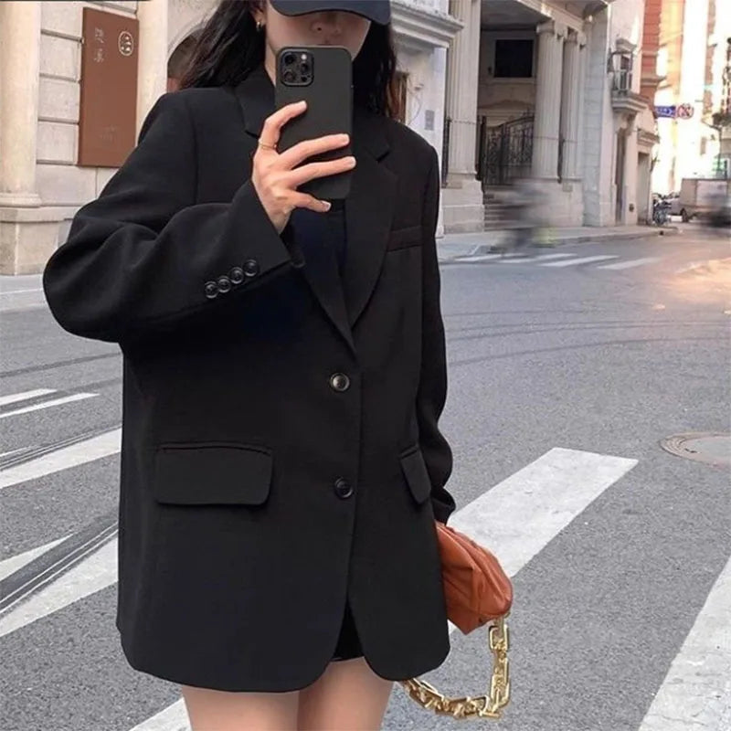 Autumn Winter Black Blazers for Women Fashion Streetwear Single-Breasted Small Suit Jacket Casual Loose Long Sleeve Outerwear
