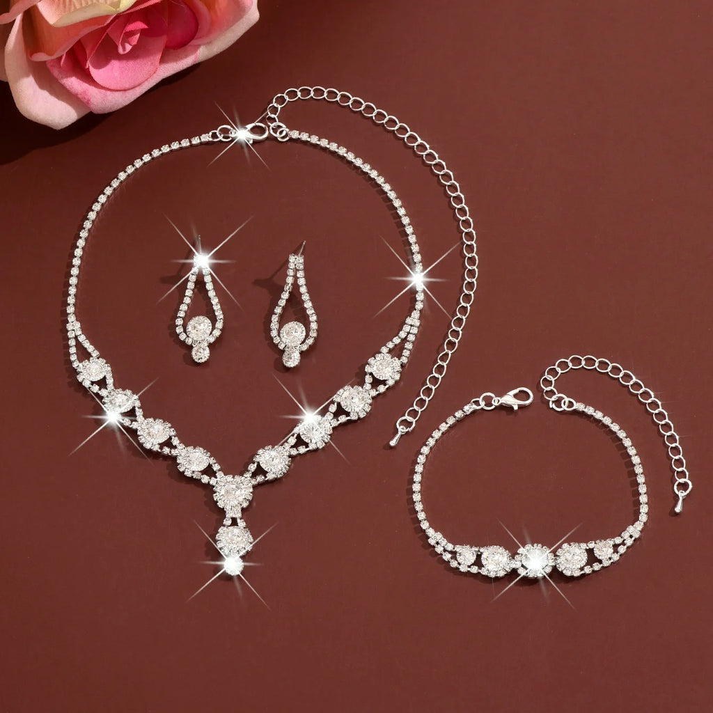 4PCS Fashion Elegant Crystal Jewelry Sets for Women Rhinestones Necklace Ring Earrings Bridal Wedding Party Jewelry Sets