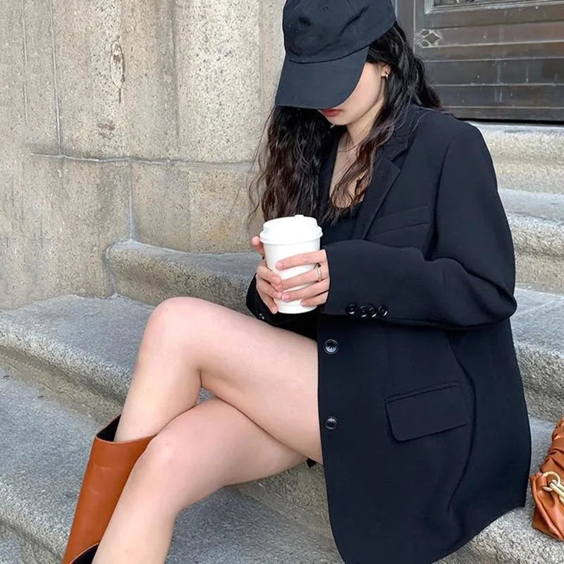 Autumn Winter Black Blazers for Women Fashion Streetwear Single-Breasted Small Suit Jacket Casual Loose Long Sleeve Outerwear