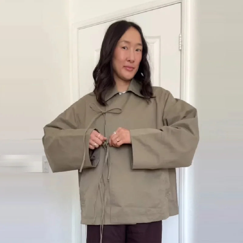 Stylish Cool Jackets Bow Tie Loose Lapel Pocket Coat Casual Vintage Women's Chic Versatile Outerwears Autumn Female Clothing