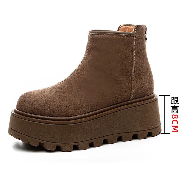 Fujin 7cm Suede Cow Genuine Leather Snow Boots Women Ankle Booties Platform Wedge Winter Plush Chelsea Boots Shoes for Women