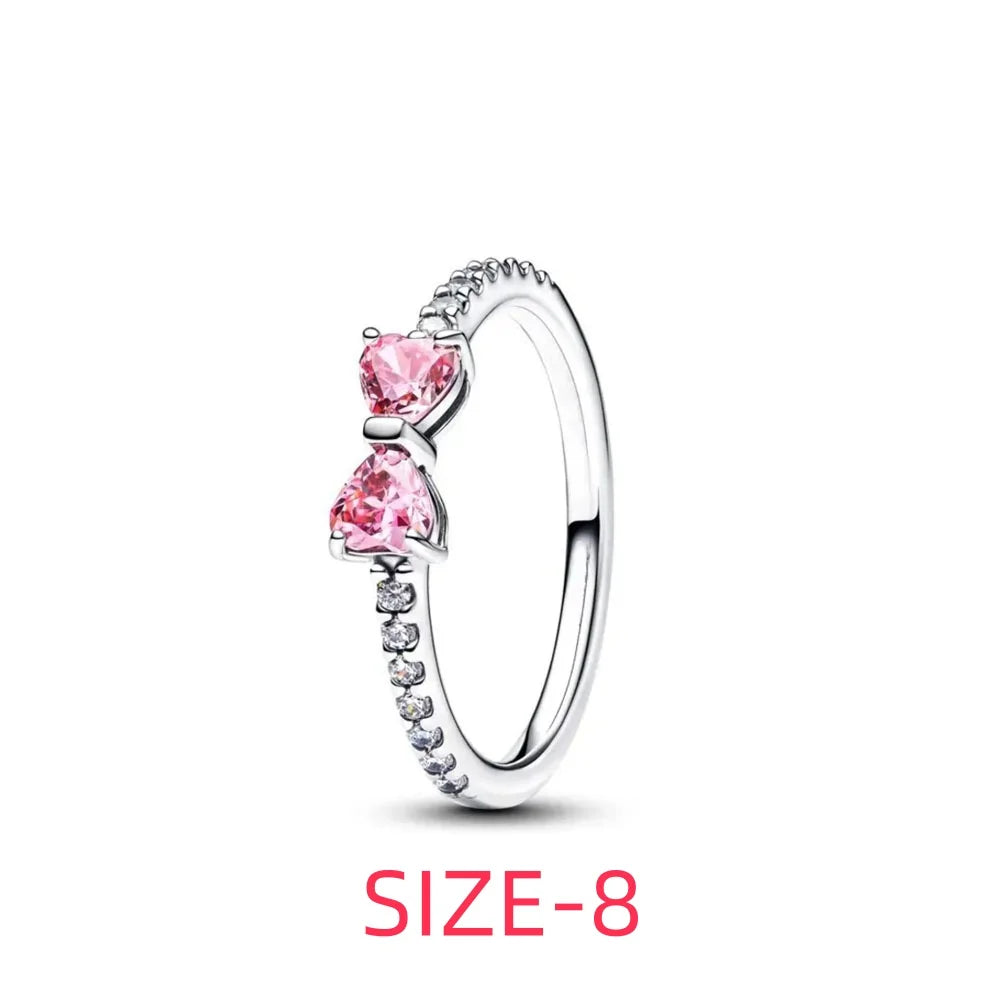 Original 925 Sterling Silver Colorful Bow Set Necklace Ring Earring Crystal For Women Valentine's Birthday Gift DIY Jewellery