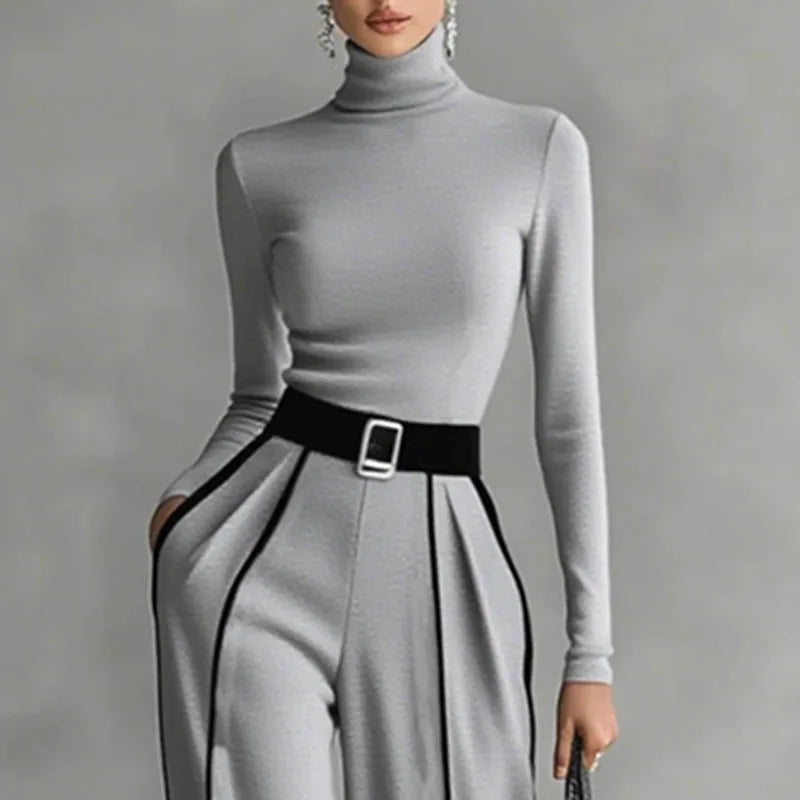 Retro Turtleneck Bottoming Shirt Top+Wide-leg Trousers Suit Woman Elegant Contrast Color 2 Piece Sets Long Sleeve Autumn Outfits