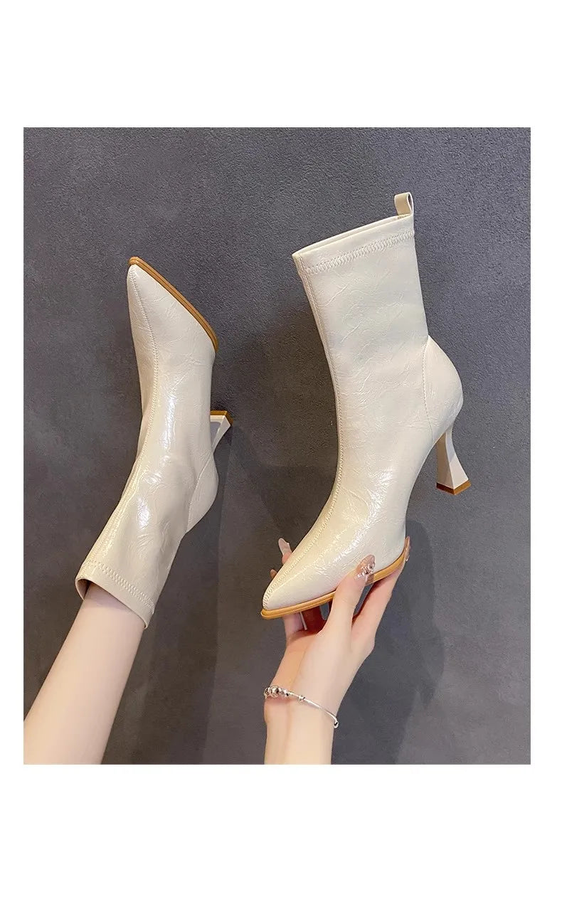 Pointed Toe High Heels Elegant Women Boots Chunky Leather Shoes 2025 Winter Fashion Pumps Chelsea Boots Dress Sexy Mujer Botas