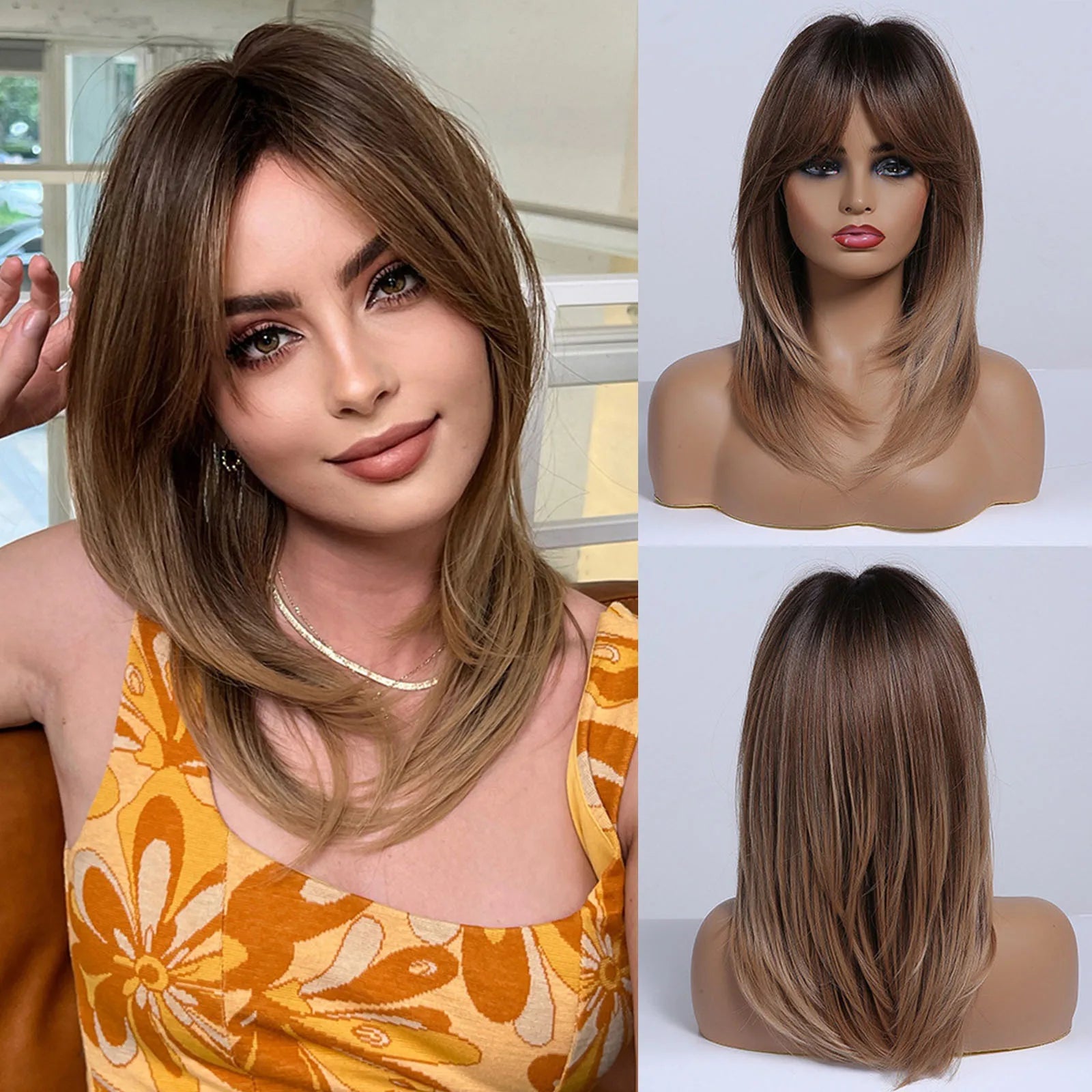 Long Straight Layered Synthetic Wig Blonde Platinum Highlight Wig with Bangs Daily Use Natural Hair Heat Resistant Wig for Women