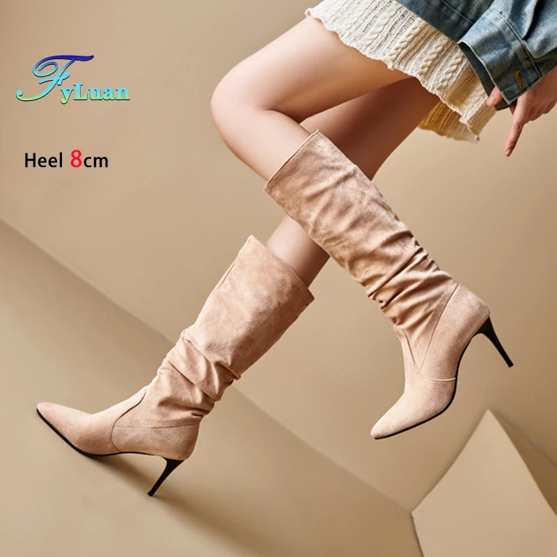Street Style Pointy Toe Long Boots Women Stiletto Heels 8CM High Heel Winter Sexy Woman Shoes Female Suede High Boots Size 35-46