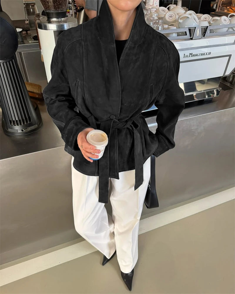 Tornova Retro Suede Long-sleeved Jacket Coat Female V neck Lace Up Jacket 2025 Autumn Winter New Commute Office Lady Outerwear