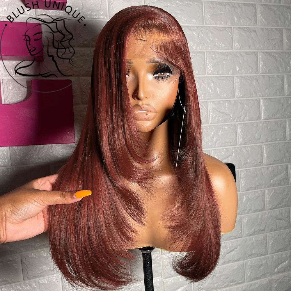 Copper Red Layered Cut Lace Front Wigs Reddish Brown Straight Lace Frontal Wig Layered Glueless Wigs Synthetic Butterfly Haircut