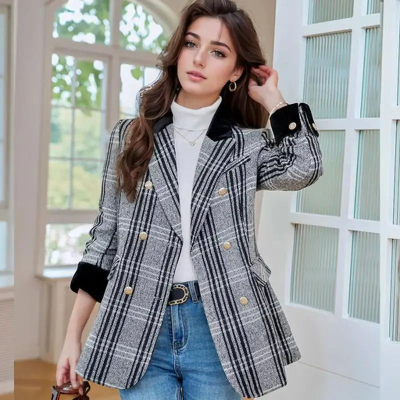 Autumn Winter New Blazer Coats Women's Woolen Jackets Long Sleeve Plaid Print Vintage Thick Outerwears Elegant Jaqueta Feminina