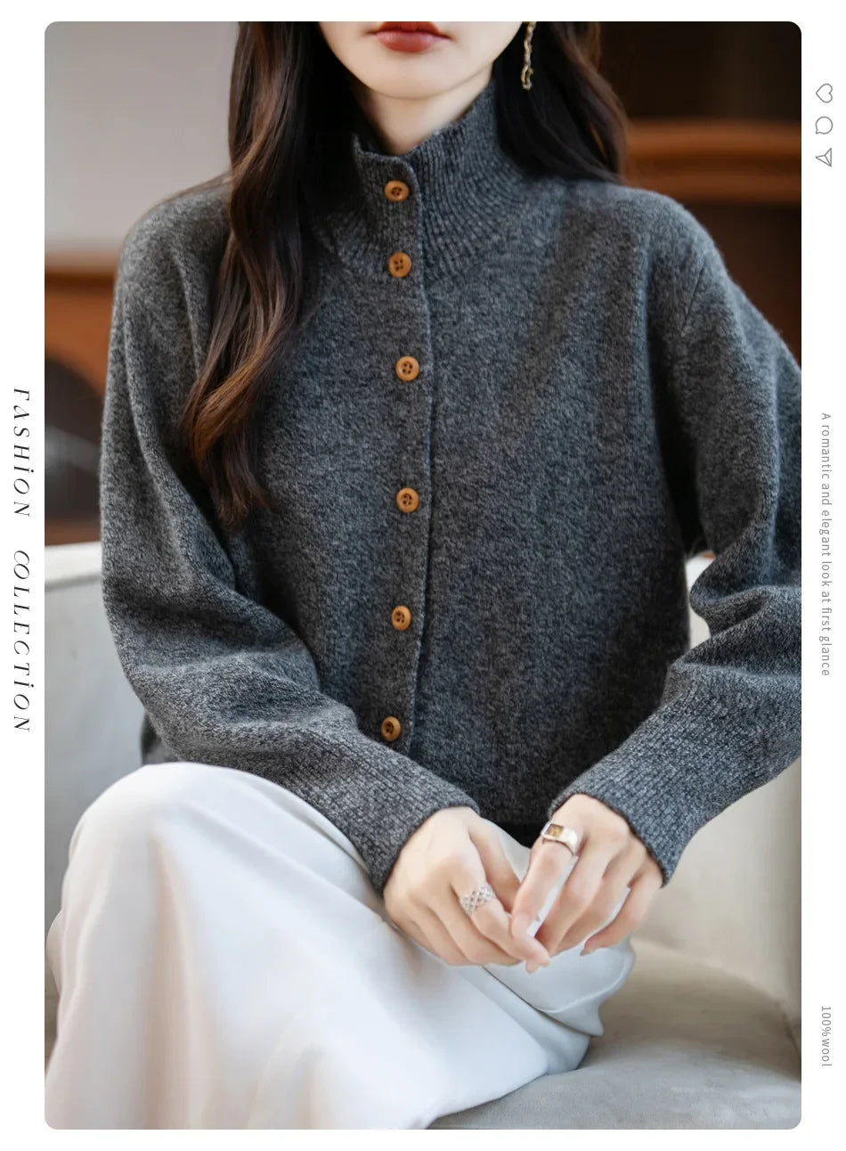 Pure Wool Thickened Knitted High Collar Sweater Coat for Women Winter Season Button up Cardigan Outerwear Floral Pattern