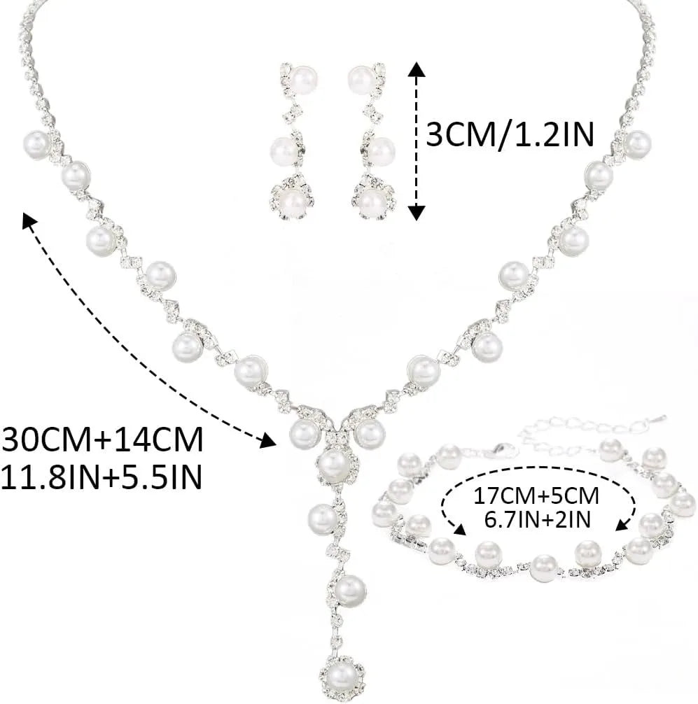 Silver Pearl Bridal Wedding Jewelry Set Rhinestone Necklace Earrings Bracelet Sets Formal Costume Jewelry for Women and Brides