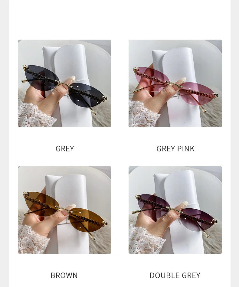 New Cat Eye Rivet Rimless Sunglasses Women Luxury Fashion Brand Oval Narrow Sun Glasses Shades Trendy Elegant Unique Eyewear
