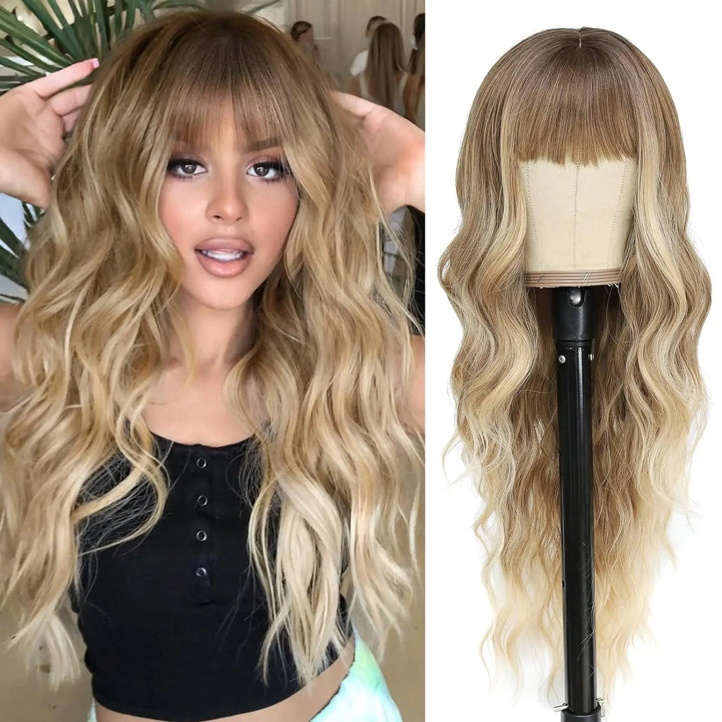 Synthetic Long Blonde Wigs with Bangs for Women Curly Wavy Hair Wigs Heat Resistant Fiber Wigs for Daily Party Use 26 Inches