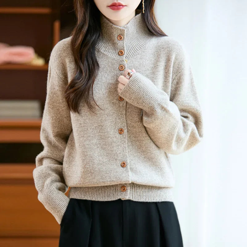 Pure Wool Thickened Knitted High Collar Sweater Coat for Women Winter Season Button up Cardigan Outerwear Floral Pattern