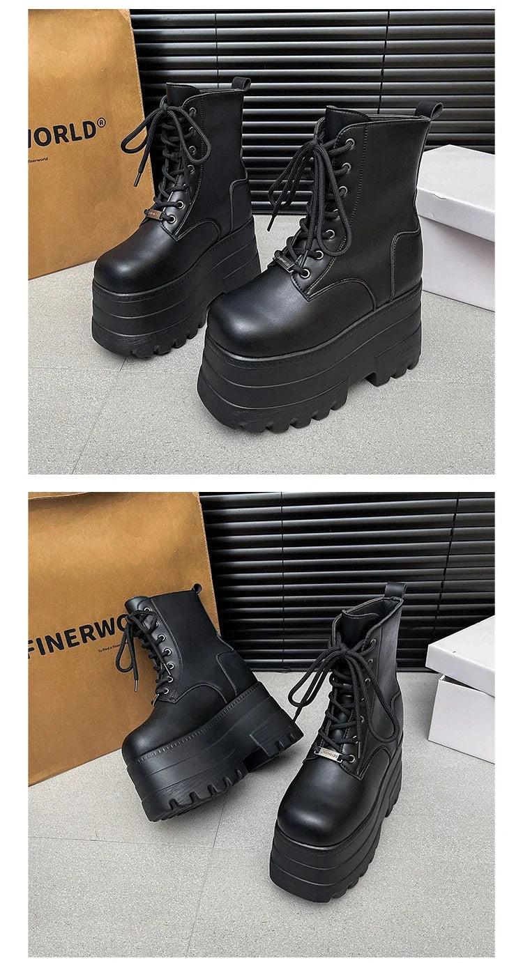 Women 13 CM Platform Boots Casual Outdoor Shoes Chunky Simple Lace Up Design Ankle Boots Cool Nightclub Party Black Shoes 35-43