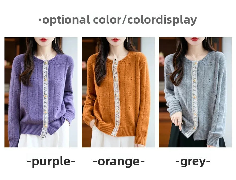 Slimming Soft Lace Splice Knitted Base Shirt French Design Sensation Knitted Open Cardigan Fashionable Anti-Aging Outerwear