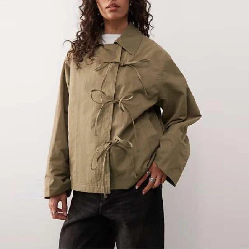 Stylish Cool Jackets Bow Tie Loose Lapel Pocket Coat Casual Vintage Women's Chic Versatile Outerwears Autumn Female Clothing