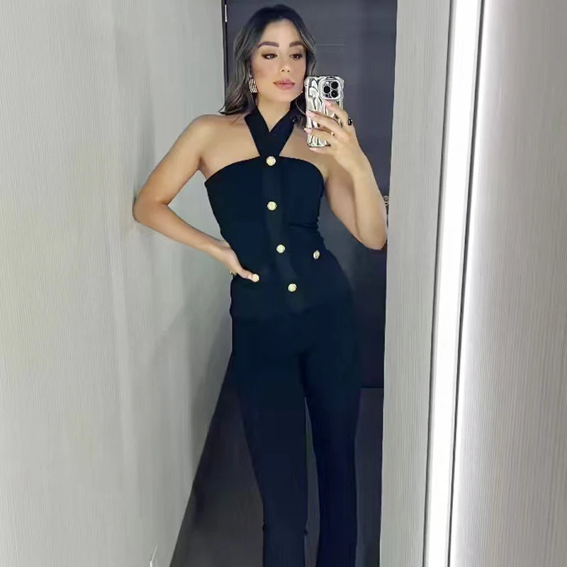 HXAO Black Flared Pant Sets Women's Two Pieces Set Button Halter Corset Top 2 Pieces Set Outfit High Waist Elastic Trousers Sets
