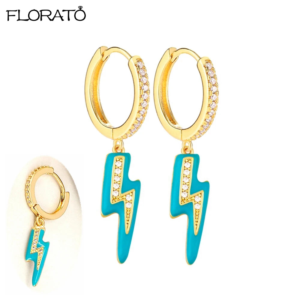 925 Sterling Silver Needle Lightning Pendant Earrings Charming Pave Crystal Gold Hoop Earrings for Women Fashion Jewelry Gifts