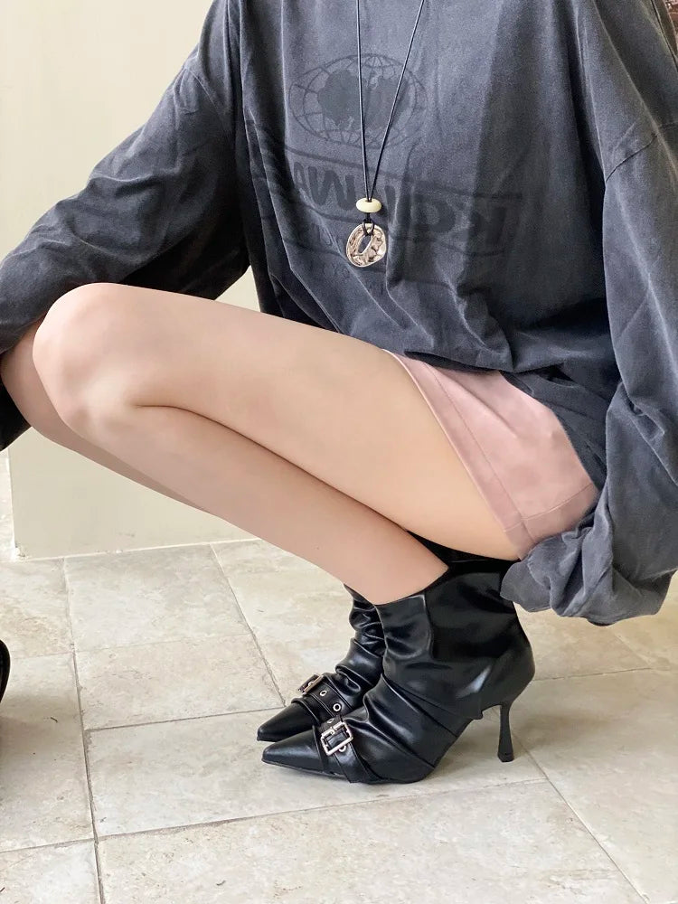 Aneikeh Spring Autumn Short Booties Sexy Thin High Heels Pointed Toe Women Ankle Boots Designer Belt Buckle Pleated Shoes