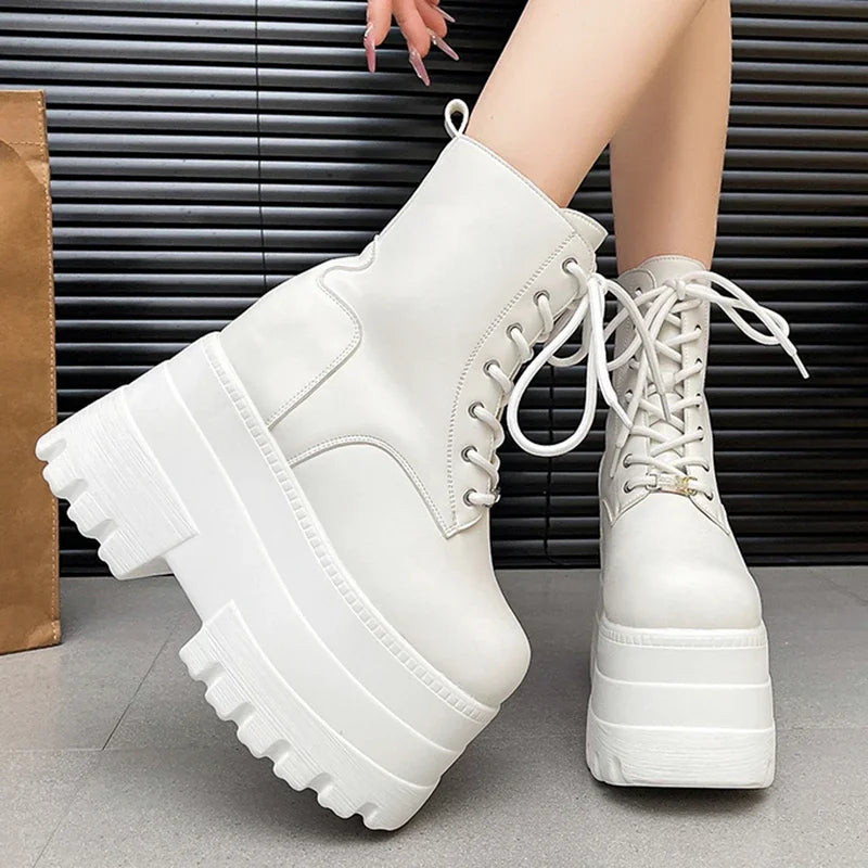 Women 13 CM Platform Boots Casual Outdoor Shoes Chunky Simple Lace Up Design Ankle Boots Cool Nightclub Party Black Shoes 35-43