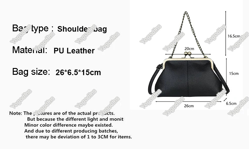 Vintage Soft Skin Shell Bag New Lychee Pattern Handbag Simple And Versatile Shoulder Bag Clip Chain Crossbody Women's Bag