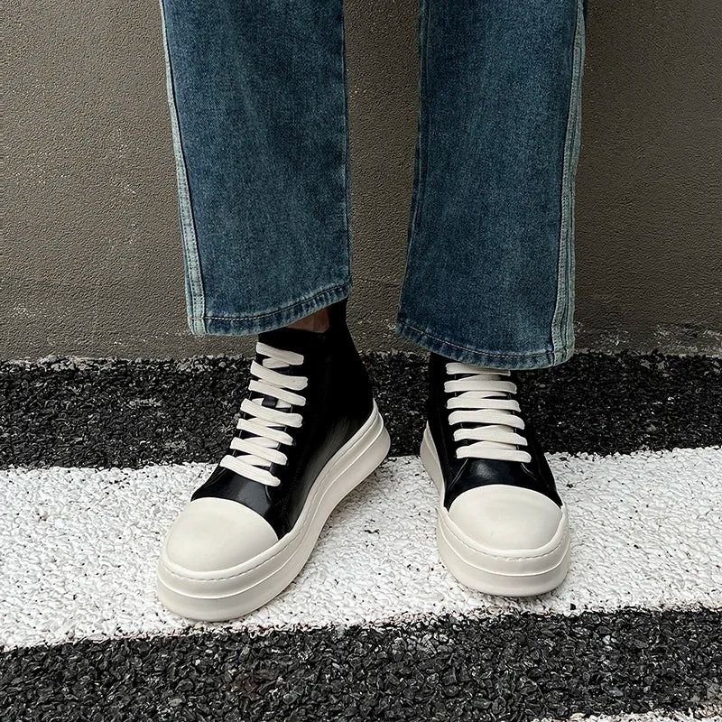 Street Style Ankle Boots for Men Genuine Leather High Top Shoes Fashion Brand Motorcycle Boots Thick Bottom  Male Walking Shoes