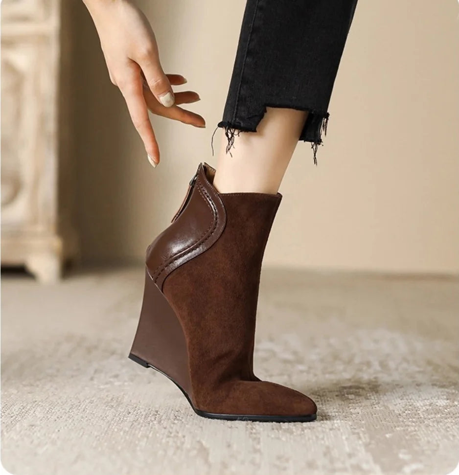 Wedges Women's Ankle Boots Pointed Toe Fashion Shoes Designer Suede Winter Boots 2025 High Heels Dress Luxury Botas Para Mujer