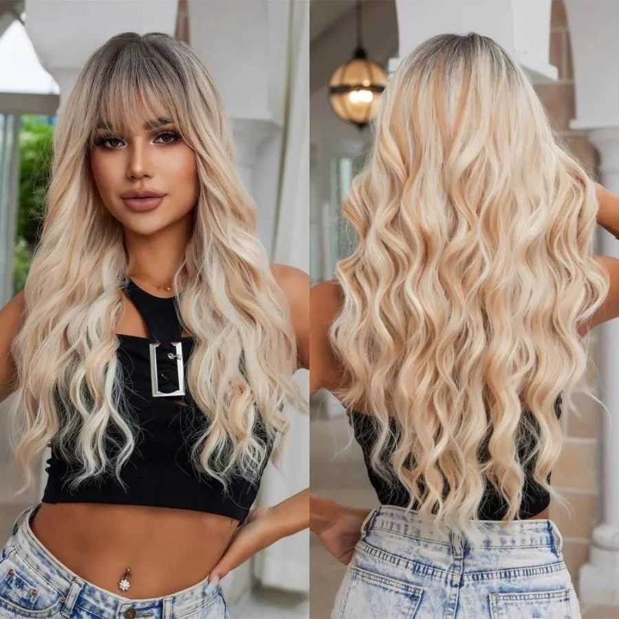 Platinum 613 Blonde Wig Long Wavy Synthetic Wig with Bangs Curly Mixed Golden for Women Cosplay Party Daily Use Heat Resistant