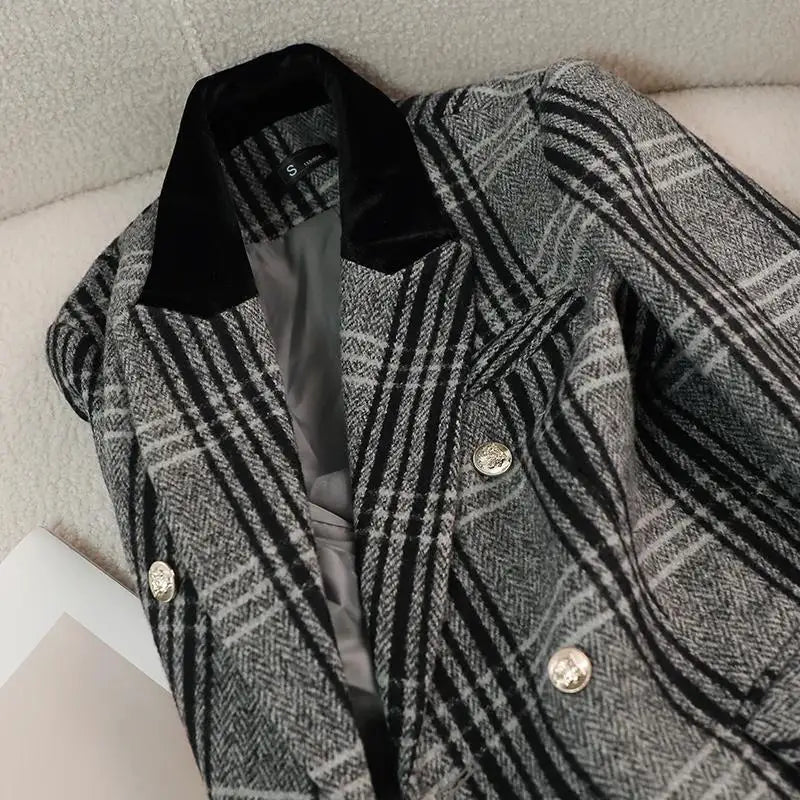 Autumn Winter New Blazer Coats Women's Woolen Jackets Long Sleeve Plaid Print Vintage Thick Outerwears Elegant Jaqueta Feminina