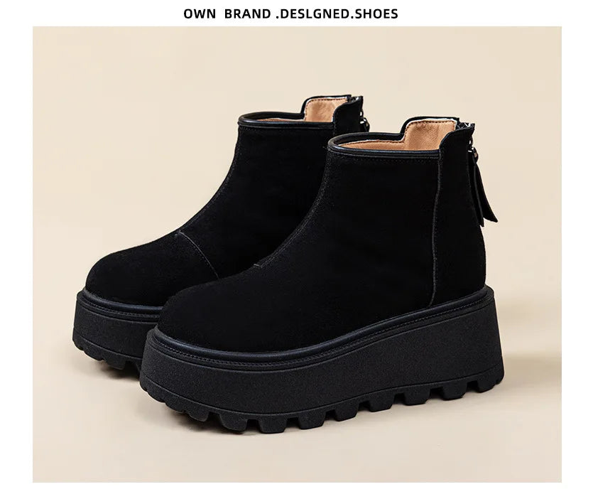 Fujin 7cm Suede Cow Genuine Leather Snow Boots Women Ankle Booties Platform Wedge Winter Plush Chelsea Boots Shoes for Women