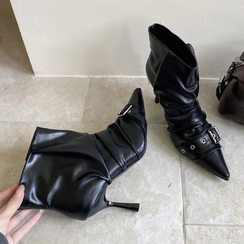 Aneikeh Spring Autumn Short Booties Sexy Thin High Heels Pointed Toe Women Ankle Boots Designer Belt Buckle Pleated Shoes
