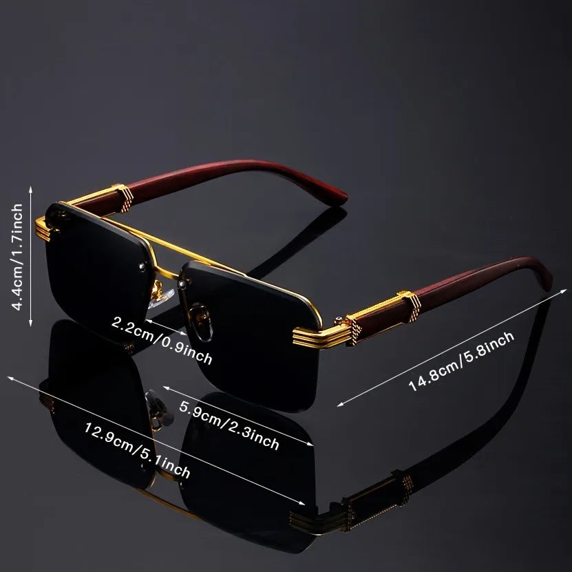 Trend Double Beam Rectangle Sunglasses Men Women Rimless Cut Edge Square Sun Glasses Fashion Frameless Wood Grain Shades UV400