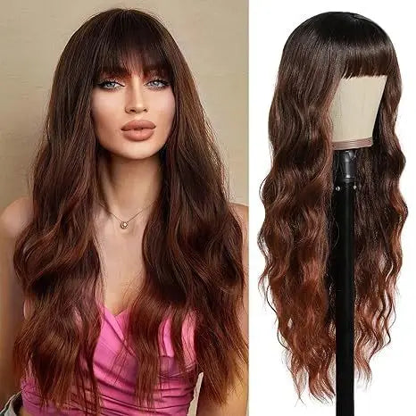 Synthetic Long Blonde Wigs with Bangs for Women Curly Wavy Hair Wigs Heat Resistant Fiber Wigs for Daily Party Use 26 Inches