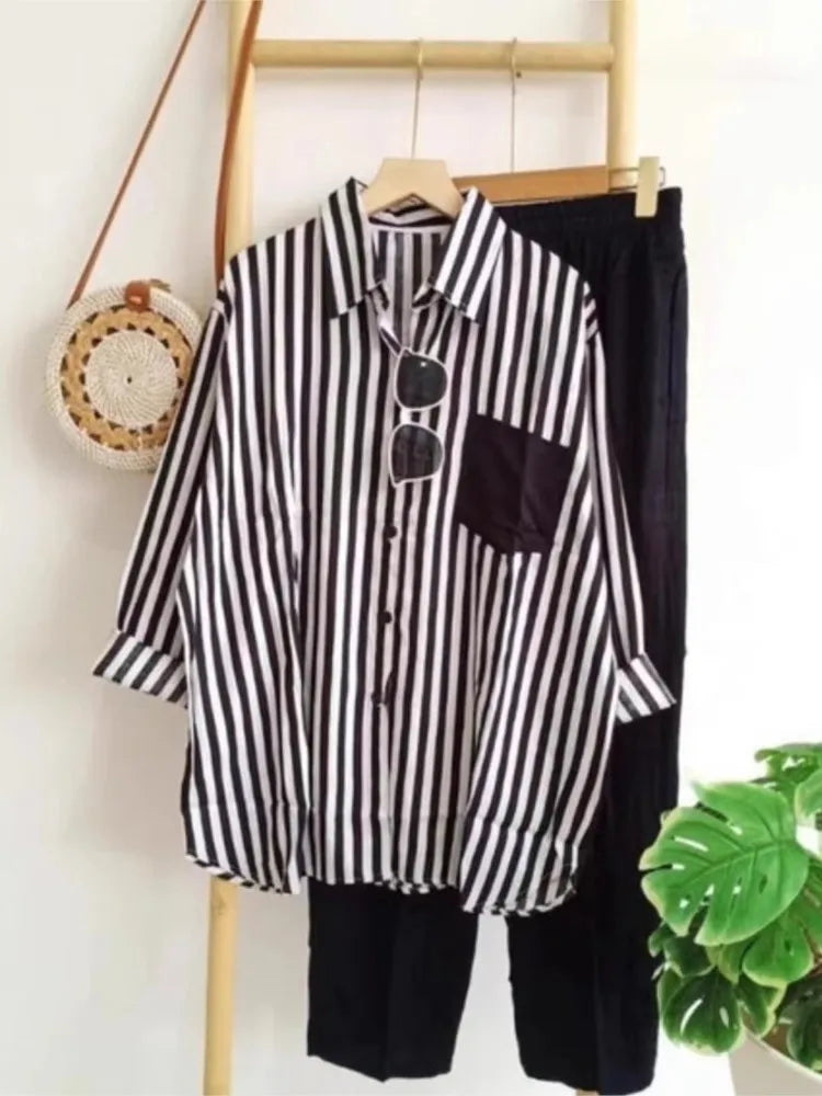 Plus Size Loose Casual Two Piece Sets Women 2025 Fashion Elegant Comfort Striped Long Sleeve Shirts And Long Pants Sportswear