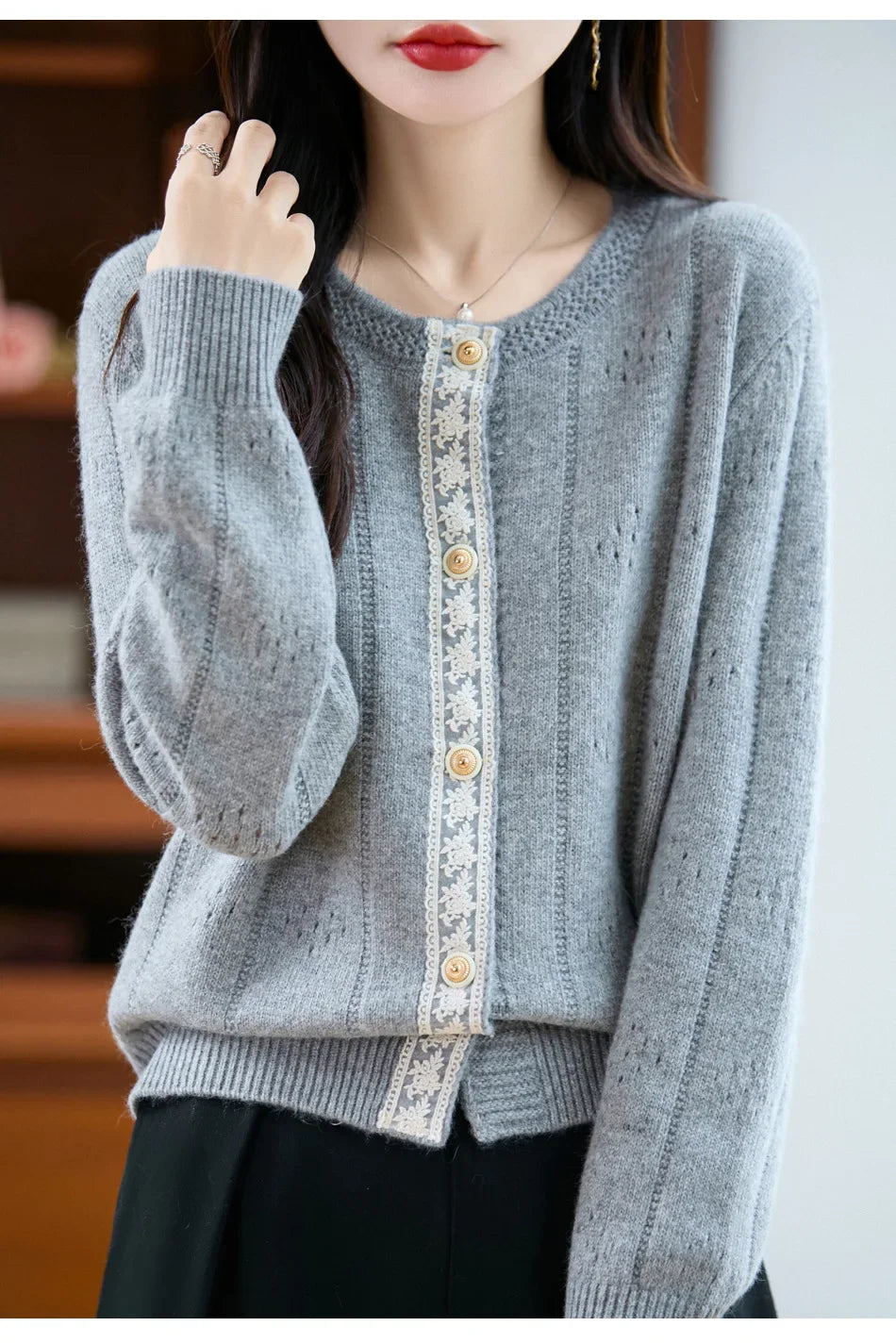 Slimming Soft Lace Splice Knitted Base Shirt French Design Sensation Knitted Open Cardigan Fashionable Anti-Aging Outerwear