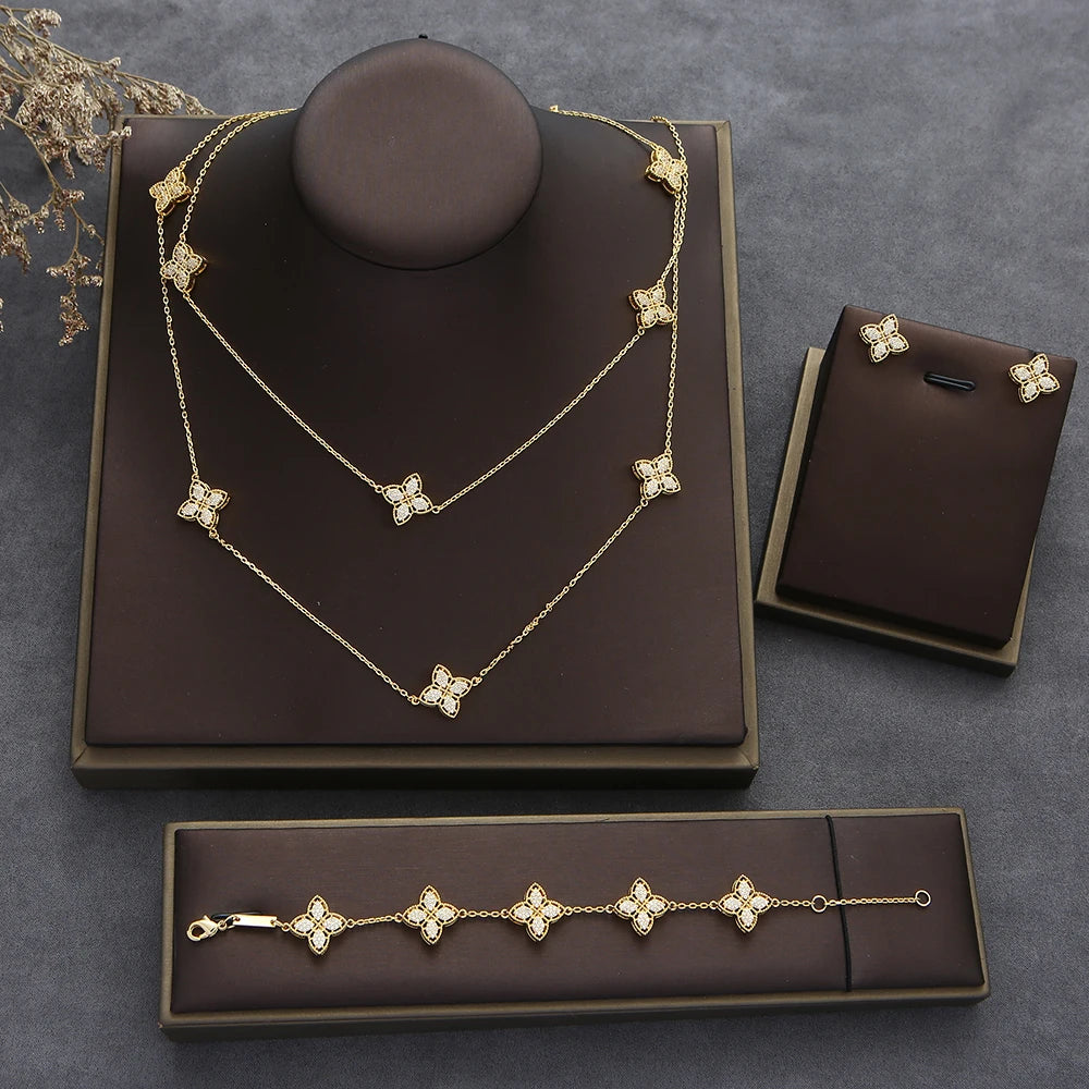 Luxury Flower Statement Necklace earring ring BraceletJewelry Set For Women Wedding Party Full Zircon Dubai Bridal jewelry N0555