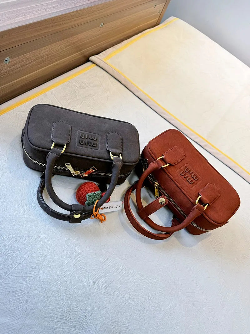 Luxury Suede Square Handbag Women's Faionable Vintage Boston Bowling Bag Soft Handle Briti Sle Casual Pure Color