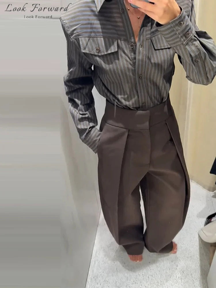 Vintage Stripe Shirt Pant Sets Women's Lapel Single-breasted Tops Front Pleated Trousers 2025 New Ladies Autumn Solid Streetwear
